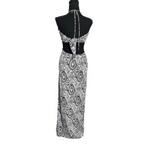 Y2K Abstract Print Halter Maxi Dress‎ Women's L Cutout Back Stretch Boho